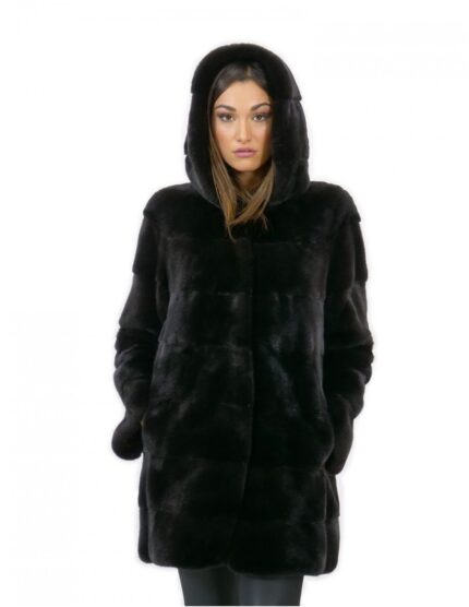 Giacca 44 lungo 81 cm pelliccia visone donna nero cappuccio manica 3/4