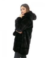 Giacca 44 lungo 81 cm pelliccia visone donna nero cappuccio manica 3/4