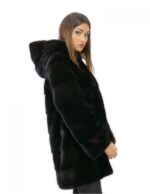 Giacca 44 lungo 81 cm pelliccia visone donna nero cappuccio manica 3/4