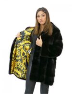Giacca 44 lungo 81 cm pelliccia visone donna nero cappuccio manica 3/4