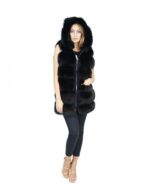 Gilet pelliccia volpe nero con inserti di pelle scamosciata 50 e cappuccio fox Fuchs renard