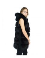 Gilet pelliccia volpe nero con inserti di pelle scamosciata 50 e cappuccio fox Fuchs renard