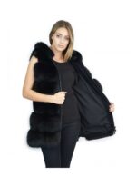Gilet pelliccia volpe nero con inserti di pelle scamosciata 50 e cappuccio fox Fuchs renard