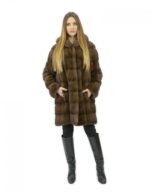 2 Cappotto pelliccia 48 visone orizzontale con cappuccio brown lungo 88 centimetri tasche esterne