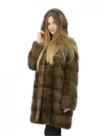 1 Cappotto pelliccia 48 visone orizzontale con cappuccio brown lungo 88 centimetri tasche esterne
