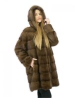 3 Cappotto pelliccia 48 visone orizzontale con cappuccio brown lungo 88 centimetri tasche esterne