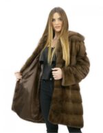 5 Cappotto pelliccia 48 visone orizzontale con cappuccio brown lungo 88 centimetri tasche esterne