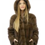 Giacca pelliccia 48 visone orizzontale con cappuccio brown lungo 62 centimetri tasche esterne