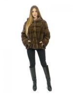 3 Giacca pelliccia 52 visone orizzontale con cappuccio brown lungo 62 centimetri tasche esterne