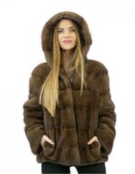 Giacca pelliccia 54 visone orizzontale con cappuccio brown lungo 62 centimetri tasche esterne