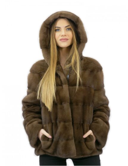 Giacca pelliccia 54 visone orizzontale con cappuccio brown lungo 62 centimetri tasche esterne