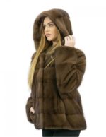 1 Giacca pelliccia 54 visone orizzontale con cappuccio brown lungo 62 centimetri tasche esterne