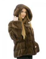 2 Giacca pelliccia 54 visone orizzontale con cappuccio brown lungo 62 centimetri tasche esterne