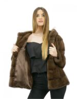 5 Giacca pelliccia 54 visone orizzontale con cappuccio brown lungo 62 centimetri tasche esterne