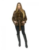 Pelzjacke mit Gürtel 52 Nerz horizontal mit brauner Kapuze 60 Zentimeter lang – Bild 5
