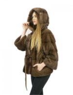 Pelzjacke mit Gürtel 52 Nerz horizontal mit brauner Kapuze 60 Zentimeter lang – Bild 3