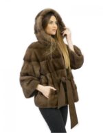 Pelzjacke mit Gürtel 52 Nerz horizontal mit brauner Kapuze 60 Zentimeter lang – Bild 4