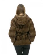 Pelzjacke mit Gürtel 52 Nerz horizontal mit brauner Kapuze 60 Zentimeter lang – Bild 6