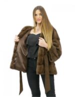 Pelzjacke mit Gürtel 52 Nerz horizontal mit brauner Kapuze 60 Zentimeter lang – Bild 7