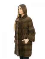 1 Cappotto pelliccia 44 visone orizzontale con collo coreana brown lungo 82 centimetri tasche esterne