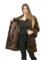 5 Cappotto pelliccia 44 visone orizzontale con collo coreana brown lungo 82 centimetri tasche esterne