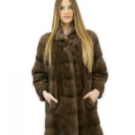 Cappotto pelliccia 48 visone orizzontale con collo coreana brown lungo 82 centimetri tasche esterne
