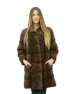 Cappotto pelliccia 48 visone orizzontale con collo coreana brown lungo 82 centimetri tasche esterne