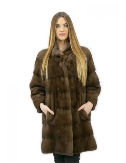 Cappotto pelliccia 48 visone orizzontale con collo coreana brown lungo 82 centimetri tasche esterne