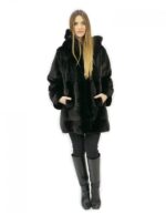 Pelzjacke schwarz 52 horizontaler Nerz und Vollleder mit Kapuze und Außentaschen – Bild 5