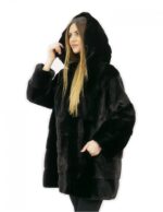 Pelzjacke schwarz 52 horizontaler Nerz und Vollleder mit Kapuze und Außentaschen – Bild 3