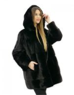 Pelzjacke schwarz 52 horizontaler Nerz und Vollleder mit Kapuze und Außentaschen – Bild 4