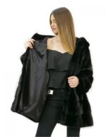 Pelzjacke schwarz 52 horizontaler Nerz und Vollleder mit Kapuze und Außentaschen – Bild 7