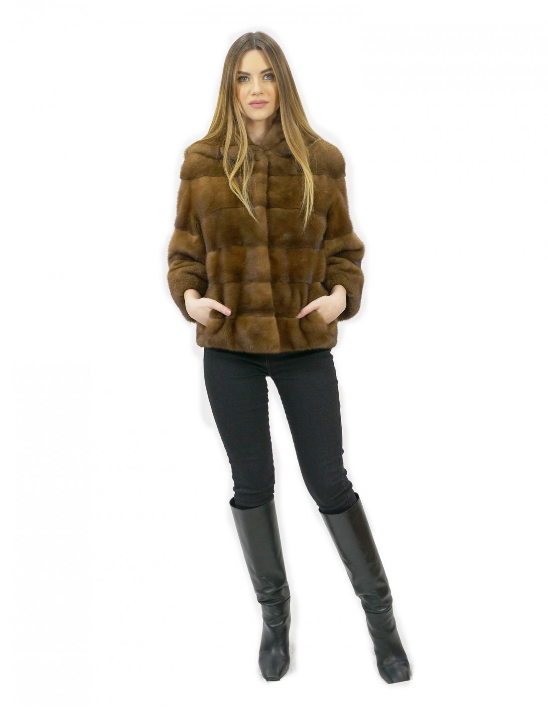 Fur jacket size 44 golden horizontal mink and full leather with hood external pockets - Image 5