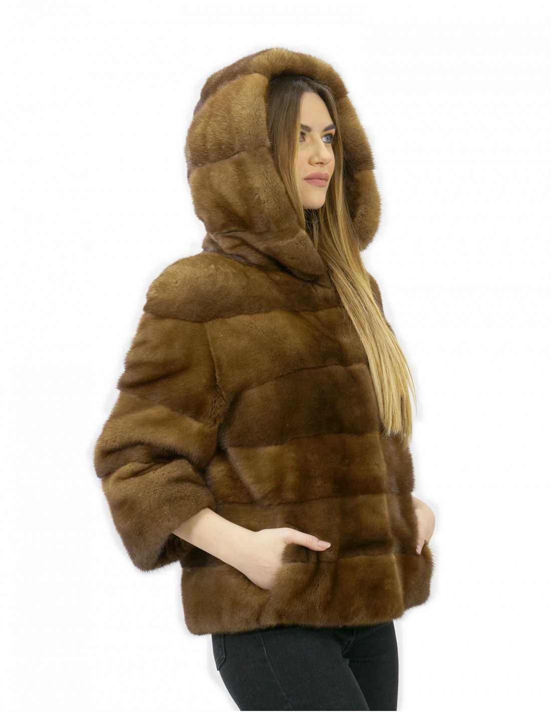 Fur jacket size 44 golden horizontal mink and full leather with hood external pockets - Image 3