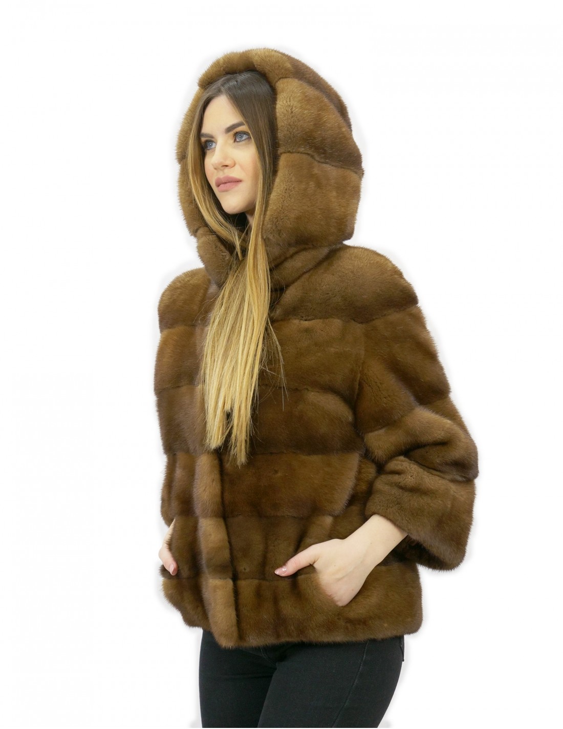 Fur jacket size 44 golden horizontal mink and full leather with hood external pockets - Image 4