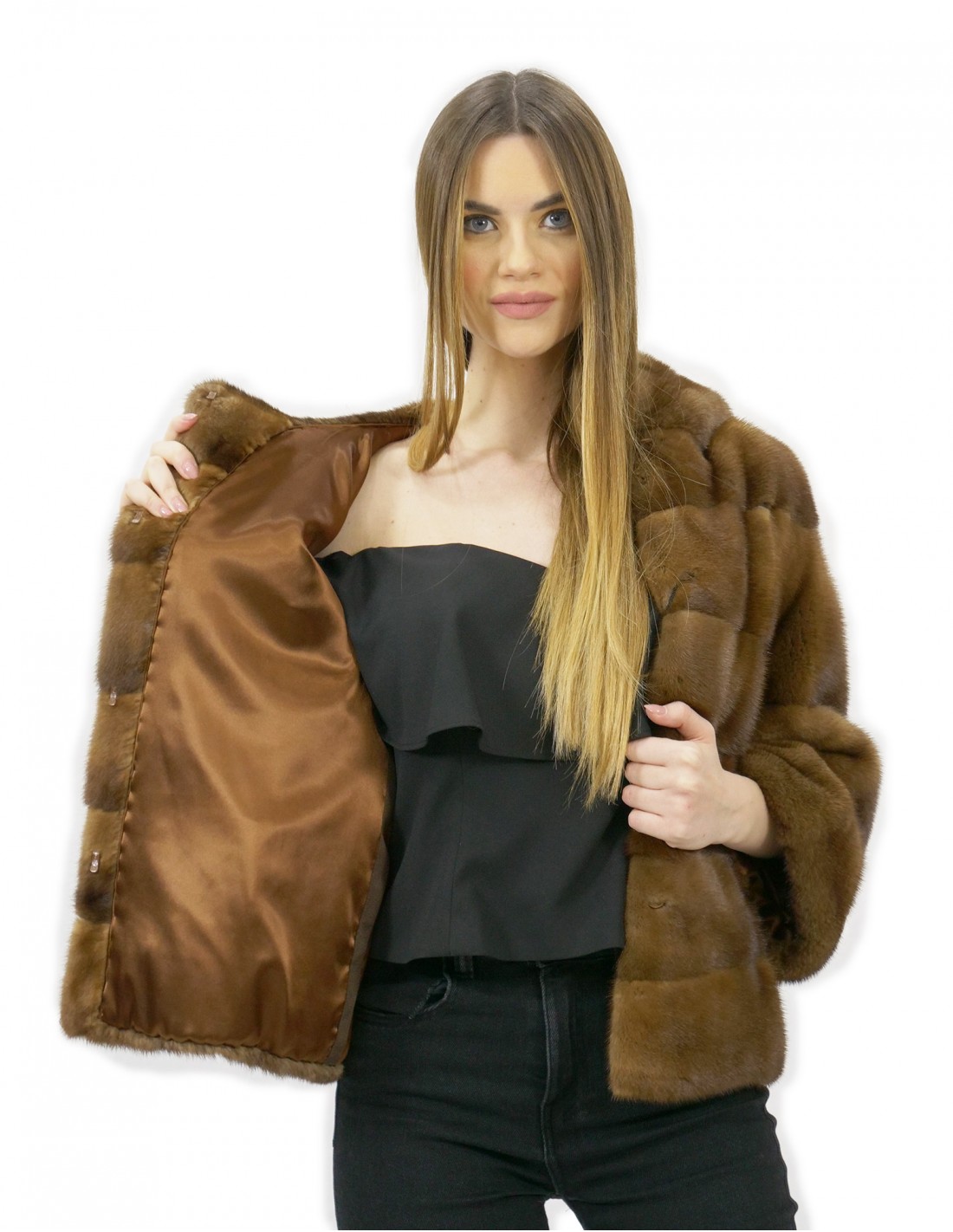 Fur jacket size 44 golden horizontal mink and full leather with hood external pockets - Image 7