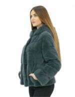 2 Pelliccia verde assenzio visone orizzontale 46 cappuccio foderato pelliccia manica lunga tasche