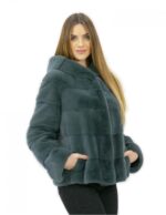 1 Pelliccia verde assenzio visone orizzontale 46 cappuccio foderato pelliccia manica lunga tasche