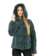 Pelliccia verde assenzio visone orizzontale 46 cappuccio foderato pelliccia manica lunga tasche