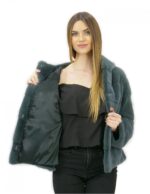 5 Pelliccia verde assenzio visone orizzontale 46 cappuccio foderato pelliccia manica lunga tasche