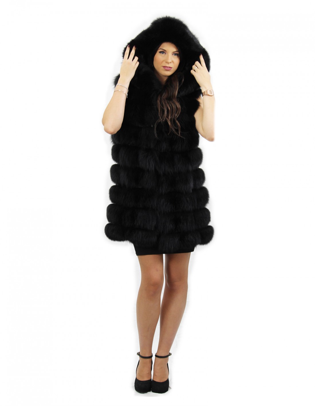 Fox fur Black vest size 52 with hood and inner drawstring waist - Image 6