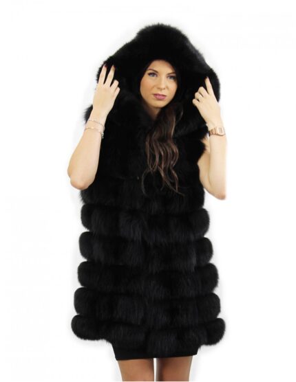 Pelliccia di volpe Gilet colore nero taglia 54 con cappuccio e coulisse interna vita