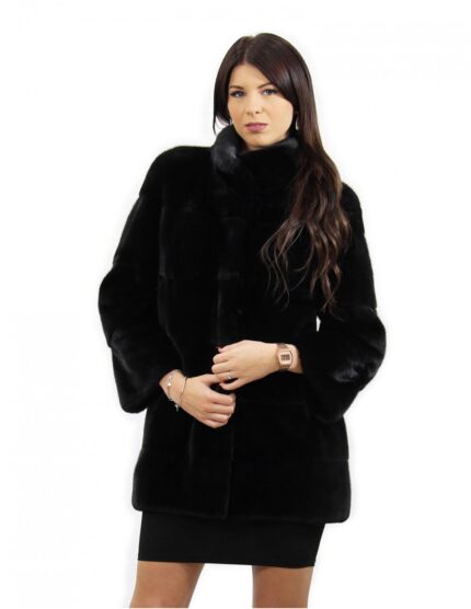 Pelliccia black visone orizzontale 46 taglia collo coreana lungo 82 centimetri