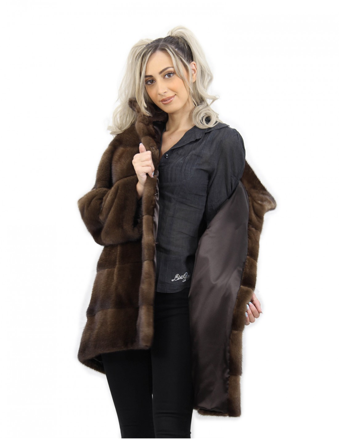 Jacke Demi Buff Größe 48 horizontales Nerzfell mit koreanischem Kragenärmel 3/4 – Bild 7