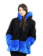 1 Giacca pelliccia nero e blu persiano e rex taglia 54 con cappuccio manica lunga modello elegante
