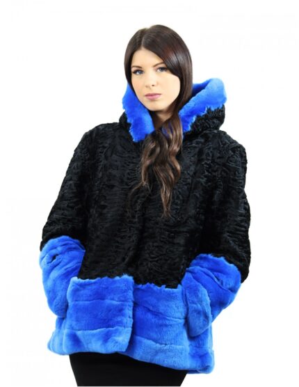 1 Giacca pelliccia nero e blu persiano e rex taglia 54 con cappuccio manica lunga modello elegante
