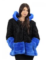 2 Giacca pelliccia nero e blu persiano e rex taglia 54 con cappuccio manica lunga modello elegante