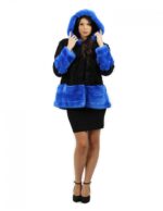 Schwarze und persische blaue Pelzjacke und Rex Größe 54 mit langärmelige Kapuze elegantes Modell – Bild 5