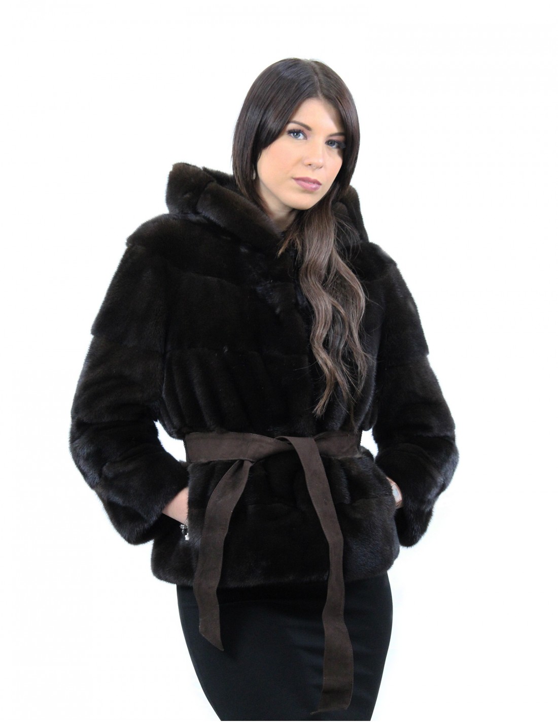 Mahogany hooded jacket size 44 horizontal mink fur with leather belt external pockets - Image 4