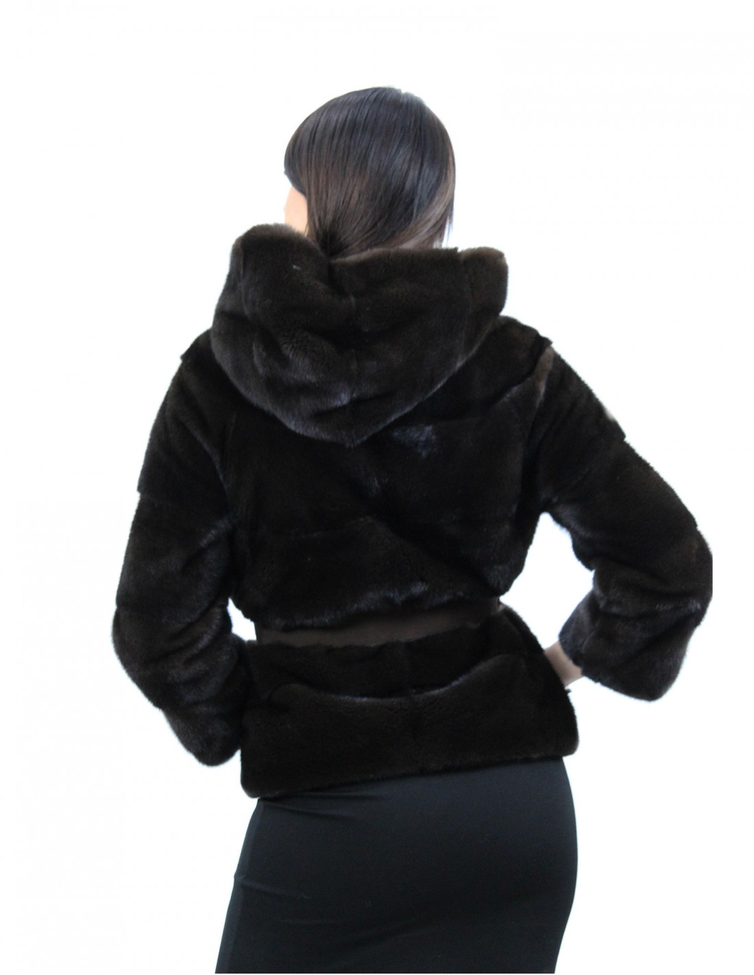 Mahogany hooded jacket size 44 horizontal mink fur with leather belt external pockets - Image 6